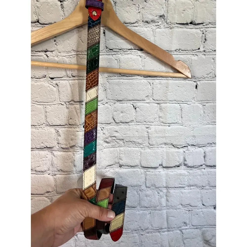 Multicolor Patchwork Belt Leather Silver Made in Italy Artsy Boho Womens Sz L